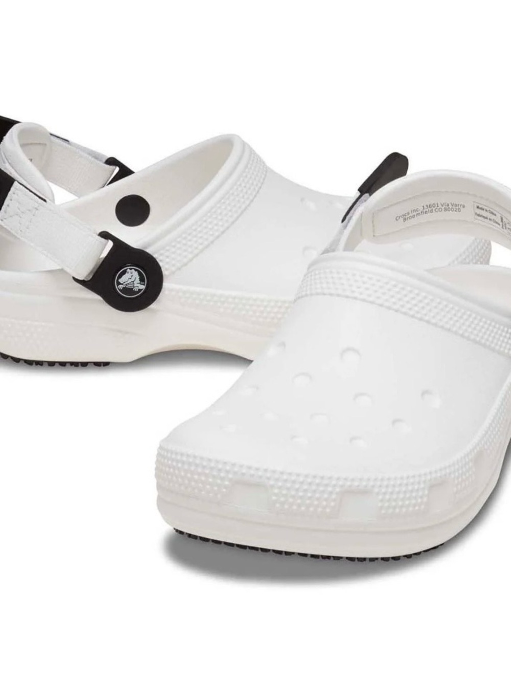 Crocs at Work Unisex White Clog Sandals with Black Strap Accent